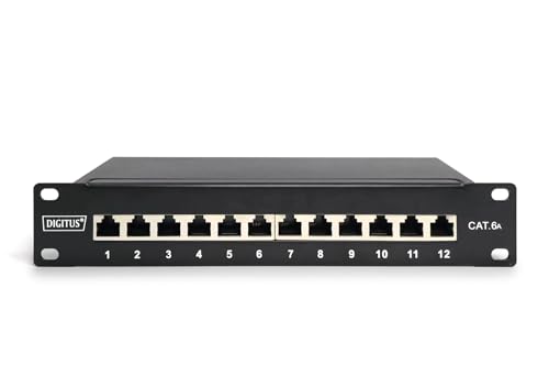 Digitus 10-inch Item | 12 x RJ45 – 10 Gbps – For 10 inch (254 mm) Network Cabinets – Patch Panel, Distribution Panel – Black Patch-Panel - Cat6A - 12 Port - Gesch. Cat6A - 12 Port - Shielded