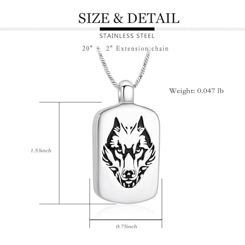 Pet Cremation Jewellery Wolf Poker Urn Necklaces for Ashes Stainless Steel Keepsake Memorial Pet Ash Pendant Jewellery for Men Women Silver-2PCS