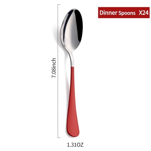 Red Dinne spoons Set 24 Piece,Red Handle Silverware 18/0 Stainless Steel Flatware Bulk 7.3-inch Dessert Spoons Sets Table of 24,Mirror Finished Dishwasher Safe Red-7.3 inch