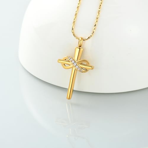 Imrsanl Infinity Love Cross Cremation Jewelry Ashes Religious Cross Urn Pendant Necklace for Women Men Pet Ashes Memorial Keepsake Jewelry Gold
