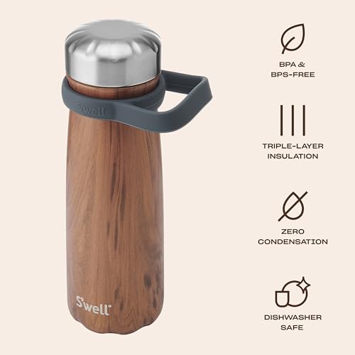 S'well Stainless Steel Traveler With Handle, 24oz, Teakwood, Triple Layered Vacuum Insulated Container Keeps Drinks Cold for 40 Hours and Hot for 16, BPA Free, Easy Carrying On the Go
