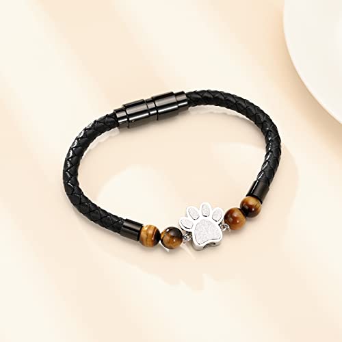 Minicremation Paw Print Urn Bracelet Cremation Jewelry Lava Stone Urn Bracelet for Ashes for Women Men Chakra Healing Balancing Genuine Leather Memorial Bracelets Black-24CM