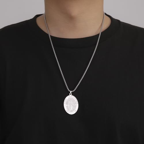 Amaxer Saint Christopher Necklace Saints Medal Religious Protection Amulet Stainless Steel Jewellery Pendant Box Chanin Necklace for Women Men (Silver)