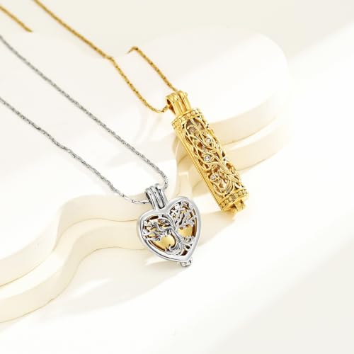 Tree of Life Urn Necklaces for Ashes Heart Shape Cremation Jewelry Memorial Keepsake Jewelry Gifts for Women Men Memorial Lockets Ashes Holder for Pet 2pcs-Silver gold