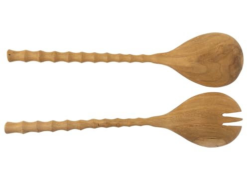 Boston International teak salad server set with ridged fork and spoon, 12.5 inches, ideal for serving salads.