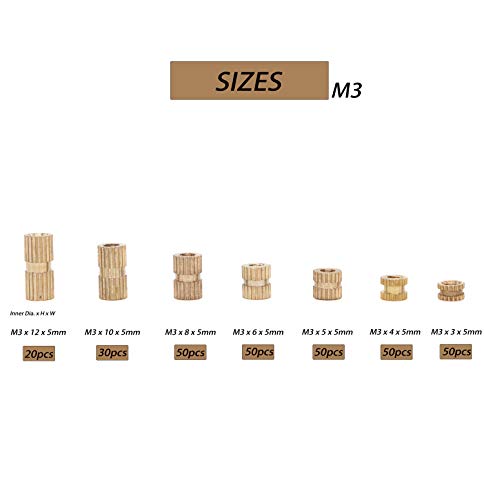binifiMux M3 knurled brass threaded inserts and female press-in heat-set nuts assortment kit, 300 pieces