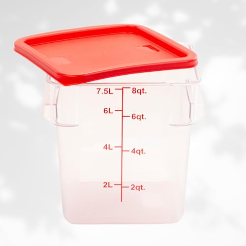 FSE Square Food Storage Container with Red Lid, 8 Quart, Polycarbonate, Reusable, Clear, NSF 8 Qt. Container w/Lid