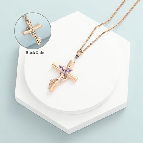Urn Necklaces for Ashes Butterfly Cremation Jewelry for Ashes Cross With Crystal Butterfly Memorial Ash Pendant Keepsake Jewelry Gifts for Loss of Loved One Rose&purple