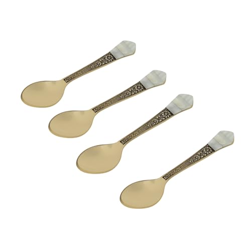 Luxury Teaspoons Antique Brass and Mother of Pearl Inlaid Spoon Set of 6, Small Mixing Sugar Dessert Spoons Brass Tableware
