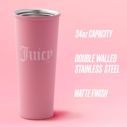Juicy Couture 6-Piece Tumbler Gift Set With 24oz Stainless Steel Tumbler With Reusable Straw, 3 Straw Toppers and Cleaning Brush, Pink Hot Pink 24 Ounces
