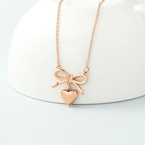 Imrsanl Bow Heart Urn Necklace for Ashes for Women Cremation Jewelry Loved Ones Funeral Memorial Ashes Holder Locket Stainless Steel Keepsake Pendant Rose Gold