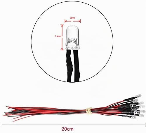 RUNCCI-YUN 60 pieces 3 mm LEDs with 20 cm cable, DC 12 V, pre-wired diode light (red, yellow, green, white, warm white, blue) + plastic mounting rings + 9 V battery terminal 3 mm and red, blue, green, white, yellow, orange