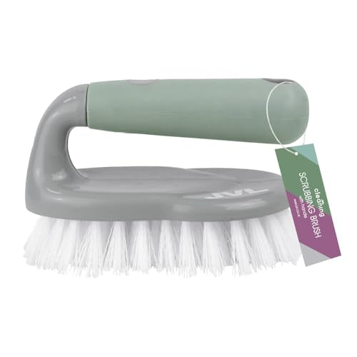 JVL Cleaning Caddy Set with Soap Dispensing Dish Brush, Scrubbing Brush, Microfibre Cloth, Microfibre Cleaning Mitt & 3 in 1 Window Squeegee Household Cleaning Kit Caddy Cleaning Set