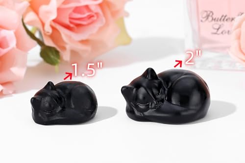 QINJIEJIE 2" Black Obsidian Cat Decor Figurines Healing Gemstone Matte Sleeping Cat Hand Carved Polished Stone Cute Kitten Statue Decor Reiki Sculpture Home Office Desk Decor