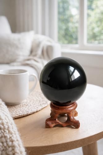 Mina Heal Natural Black Obsidian Crystal Ball with Stand, 80mm/3.1" 80 mm