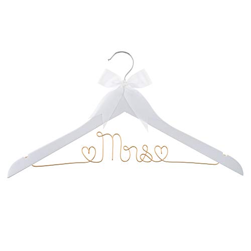 Ella Celebration Mrs Wedding Dress Hanger, Wood and Wire Hangers for Bride to be Gown (White with Light Gold Wire) White With Light Gold Wire