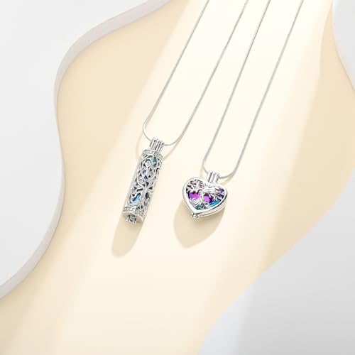 Tree of Life Cremation Jewelry for Men Women - 2 Pcs Cylinder & Heart Urn Necklaces for Ashes Stainless Steel Memorial Keepsake Pendant for Human Pet Ashes Rainbow