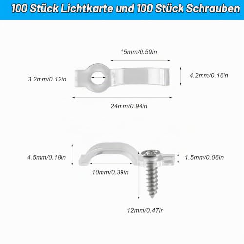 Pack of 100 LED Strip Mounting Brackets | Transparente Lichtstreifen-Clips,Led Befestigungsclips,LEDStreifen Clips für 10mmLichterkette LedStrip Zubehör HalterungClips 10MM