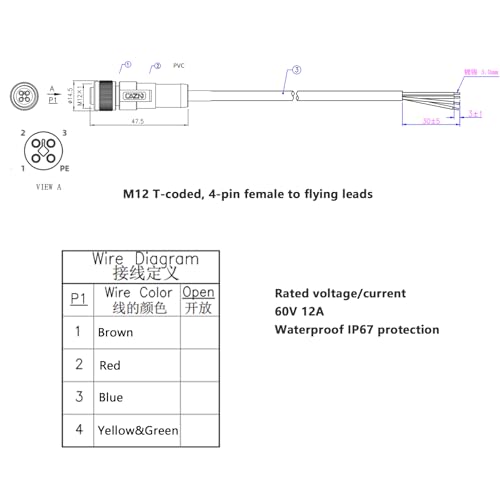 M12 Power Cable 4pin T-Code to Flying Leads for Turck Electrical Distribution Control Applications Cognex 3D-A5000 Camera Sensor, IP67 PVC 4x16AWG 60V 12A, 8m Straight, Female
