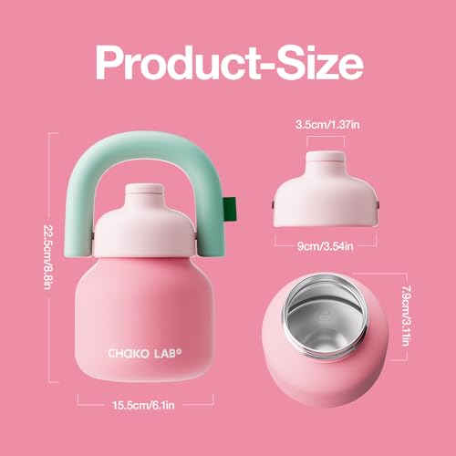 CHAKO LAB Water Bottle with Straw and Carry Handle 33oz, Vacuum for Coffee & Tea, Leak-proof Reusable Flask, Keeps Cold 36h,Green & Red Pink&Red
