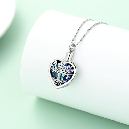 Tree of Life Urn Necklaces for Ashes Celtic Heart Cremation Jewelry Memorial Keepsake Jewelry w/Funnel Filler Gifts for Women Men Silver-blue
