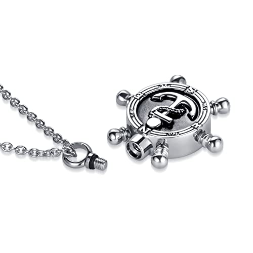 GMXLin Compass Nautical Ship Wheel Cremation Urn Necklace for Ashes Keepsake Memorial Stainless Steel Pendant Jewelry for Men Women