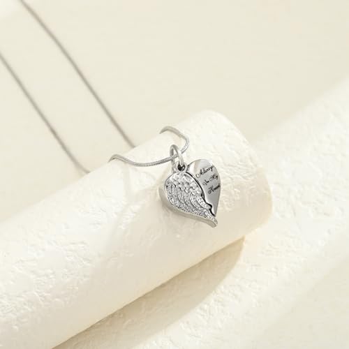 Cremation Jewelry Angel Wing Stainless Steel Heart Urn Necklaces for Ashes Memorial Keepsake Pendant for Women Men Silver