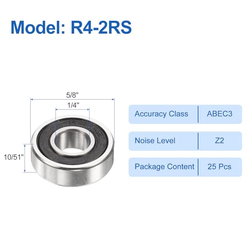 sourcing map 25pcs R4-2RS Deep Groove Ball Bearings 1/4" ID x 5/8" OD x 10/51" Height Miniature Bearings Double Rubber Shielded Chrome Steel Z2 Bearing for Engineering Machinery, ABEC3 25