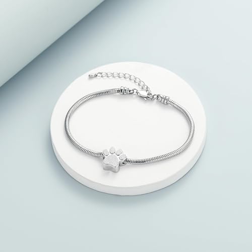 Cremation Bracelet for Ashes Memorial Jewelry Stainless Steel Pet Paw Heart Shape Urn Pendant Bangle Loved Ones Funeral Ashes Holder Keepsake Gift Paw-Silver