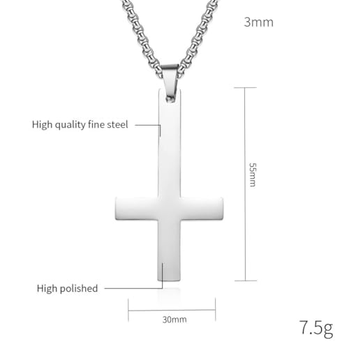 PAURO Men's Inverted Cross Upside Down Necklace Pendant Black Gold Silver Silver-Large