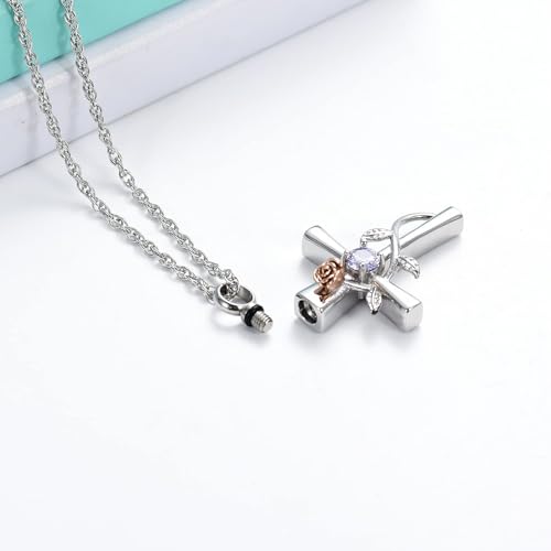Cross Urn Necklace for Ashes Birthstone Rose Flower Cremation Jewelry for Women Gilrs Keepsake Memorial Ash Pendant Silver-light purple