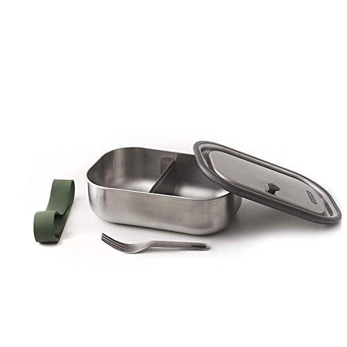 Black+Blum Stainless Steel Lunch Box | Leak Proof 3-in-1 Multi-Functional Plastic Free Vacuum Valve Bento Box with Compartment Divider and Accessories, Olive Solid
