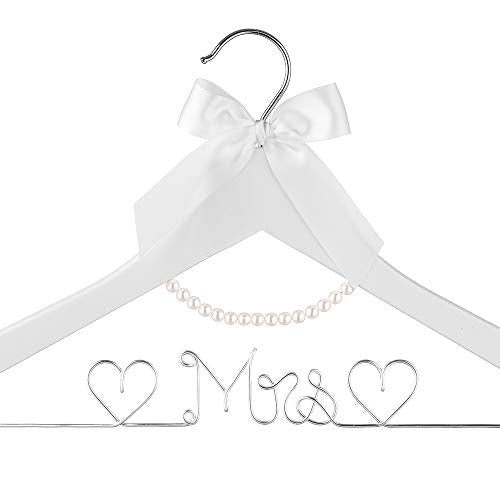 Bridal Dress Hanger Solid Wood Dress Hangers Mrs Letter Hanger Wedding Gift (Silver White Hangers and Pearls) Silver White Hangers and Pearls