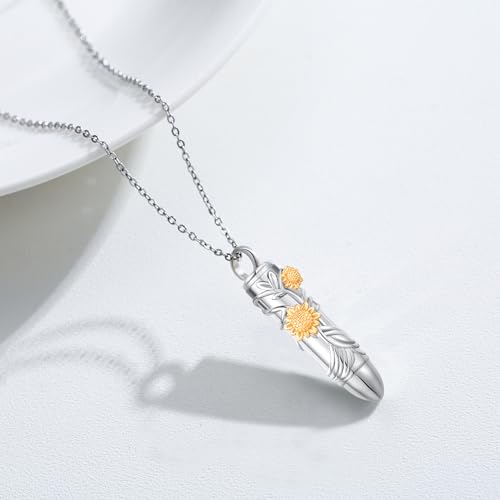 Bullet Urn Necklace for Ashes Cremation Jewelry 925 Sterling Silver Sunflower Pendant Necklace Memorial Keepsake Pendant
