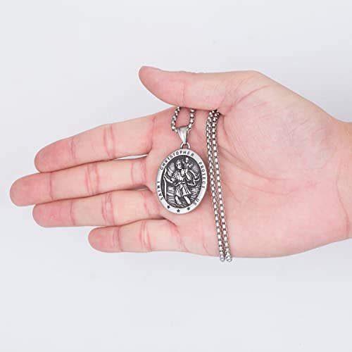 Stainless Steel Saint Christopher Medal Necklace Gothic Protective Pendant Patron Saint of Travellers Religious Cross Necklaces for Women Men Wife Husband