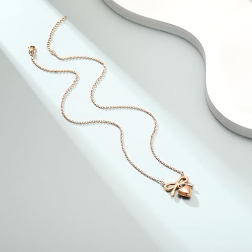 Imrsanl Bow Heart Urn Necklace for Ashes for Women Cremation Jewelry Loved Ones Funeral Memorial Ashes Holder Locket Stainless Steel Keepsake Pendant Rose Gold