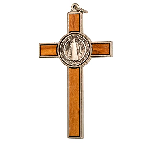 Saint Benedict Medal Crucifix Pendant | Silver-Tone Metal and Wood | Patron Saint of Students and Europe | Great Catholic Gift | Add to Necklace or DIY Rosary