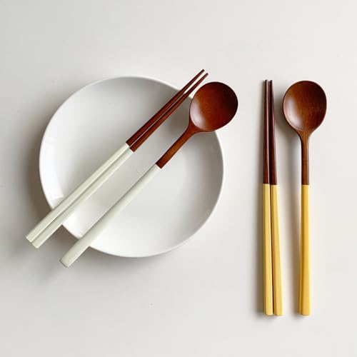 Korea traditional lacquer wooden Chopsticks and Spoon Set, 2 Pair, Yellow