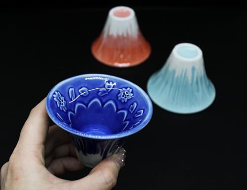 Japanese Sake Cup Mount Fuji Design Wine Soju Porcelain Ochoko Gifts (Blue Red Snow, 3 Ochoko) Blue Red Snow