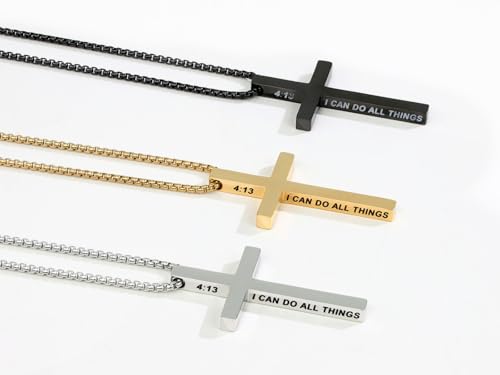 Mens Cross Necklace Cross Pendant Necklaces Chain for Men Stainless Steel Bible Philippians 4:13 Christian Necklace for Men Valentines Gifts 19" 21" 23" Silver/Gold/Black Mens Jewellery Black 1 23“