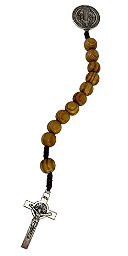 Treasure4U-Store Saint Benedict Medal Prayer Pocket Rosary Catholic Brown Wood Beads San Benito Tenner Open Style One Decade Rosary