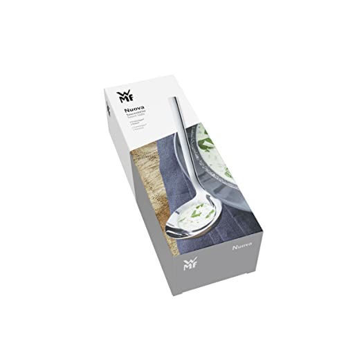 WMF Nuova Cromargan stainless steel sauce ladle for gravy and sauces, polished finish, ergonomic handle, single piece design.