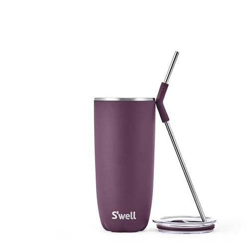 S'well Stainless Steel Tumbler with Straw and Slide-Open Lid, 24oz, Plum, Triple Layered Vacuum Insulated Container Keeps Drinks Cold for 18 Hours and Hot for 5, BPA Free