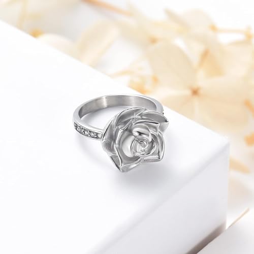 Urn Ring for Ashes Rose Flower Cremation Jewelry Crystal Ashes Ring for Women Stainless Steel Rose Flower Keepsake Memorial for Ring Gifts 8#