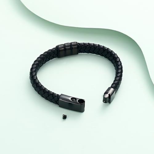 Cremation Jewelry Urn Bracelet for Ashes for Men Women Keepsake Memorial Cuff Bangle Braided Leather Wristband Bracelet for Loved One Black-24cm