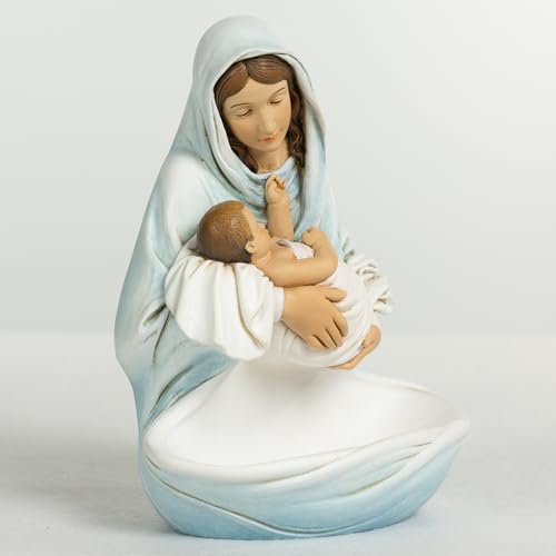 Grace4Joy Virgin Mary Rosary Holder, 6 Inch Hand-Painted Madonna and Child Statue, Religious Catholic Gifts for Women Blue
