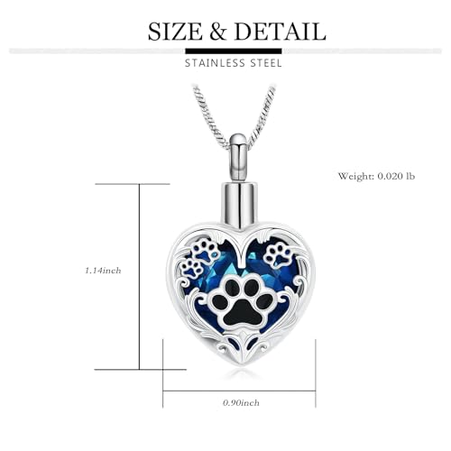 Yinplsmemory Pet Urn Necklace Pendant Jewelry for Dog Cat Memorial Crystal Heart Cremation Jewelry with Paw Print Ashes Keepsake Funeral Jewelry Silver-blue