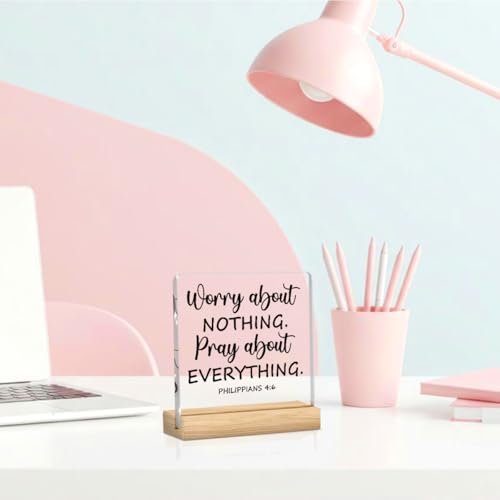 Christian Desk Decoration, Gifts for Christian Women, Spiritual Quotes Bible Verse Decor,Inspirational Prayer Decoration, Acrylic Sign With Wooden Stand for Home Farmhouse Office 4 x 4 Inches Philippians 4:6
