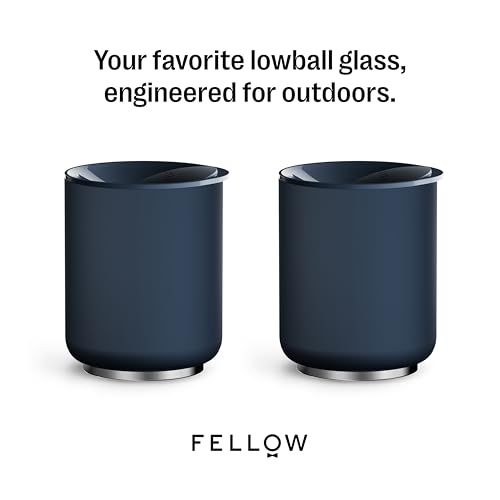 Fellow Rocky Lowball Tumbler Set of 2 - Insulated Stainless Steel Cocktail Tumblers with Ceramic Interior and Swivel Pebble Lid - 10 oz, Stone Blue 10 Ounces Pack of 2