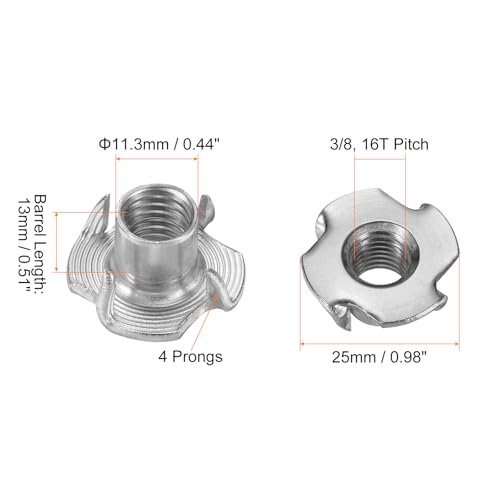 HARFINGTON 3/8-inch 304 stainless steel 4-prong T-nuts for wood, furniture, and cabinetry, 50-piece set